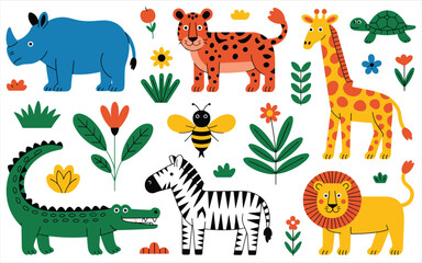 Obraz premium Cute Cartoon Safari Animals Collection with Flowers and PlantsFlat Design
