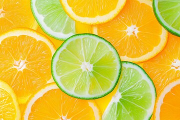 Obraz premium Slices of orange and lime arranged on a bright background in a kitchen setting during the afternoon
