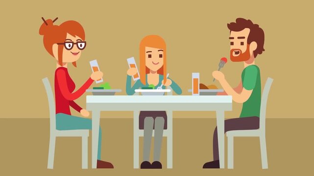 Happy Family Sitting at Dining Table Eating Meal and Talking Together 2D Animation