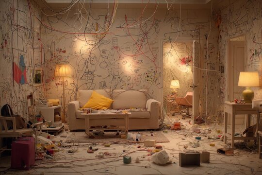 A messy living room with a sofa and lamps.