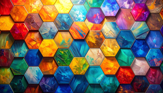 vibrant abstract geometric pattern of colorful hexagons with painterly textures, textured mosaic backdrop, dynamic tessellation