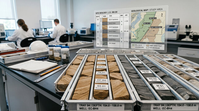 Two people work in a laboratory setting. They analyze geological samples laid out on a table. A map shows the study area with detailed notes.