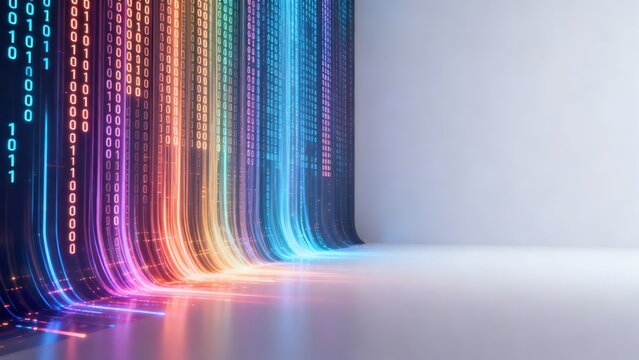 Colorful binary code wall in empty room
