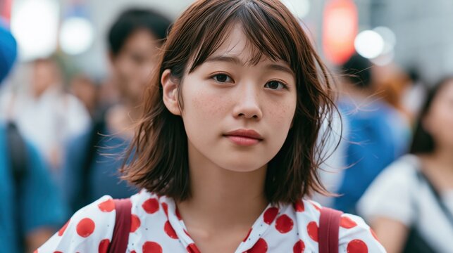 Young beautiful asian woman with freckles looking at camera in a crowded city street.