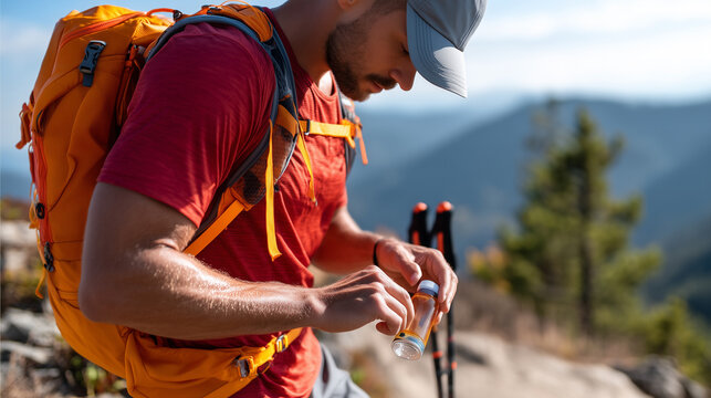 trail runner opening hydration tablet tube near mountain viewpoint, backpack and trekking poles nearby, crisp natural dayligh