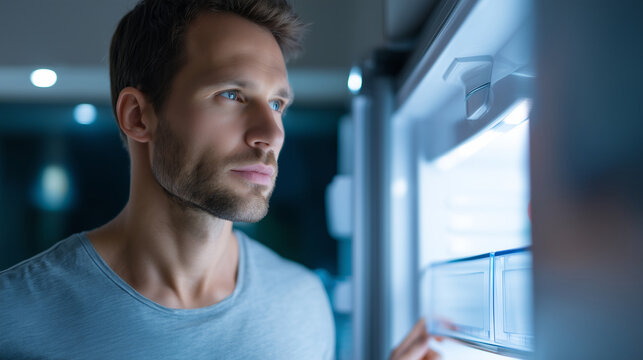 someone opening fridge and just staring inside without taking anything, late night pause, soft cold light, blurred background, with copy space