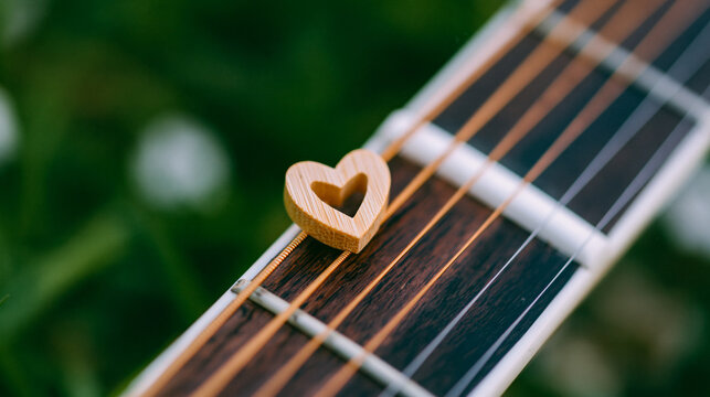 Heart on neck guitars strings grass, premium outdoor music lifestyle artwork, AI generated