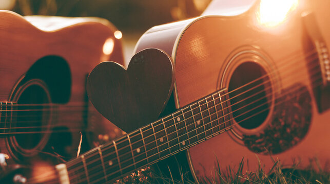 Heart on neck guitars strings on grass, AI generated