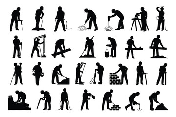 Construction workers silhouette set performing tasks in various poses with tools and equipment including shovels hammers and saws depicted in black and white vector style © Newton