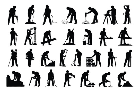 Construction workers silhouette set performing tasks in various poses with tools and equipment including shovels hammers and saws depicted in black and white vector style