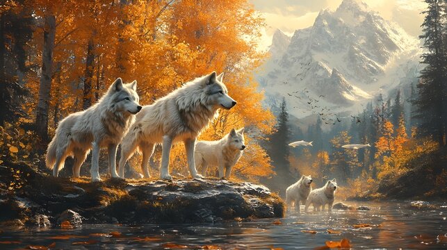 A pack of white wolves standing on a rocky shore in a forest with orange trees and a mountain range in the background during autumn
