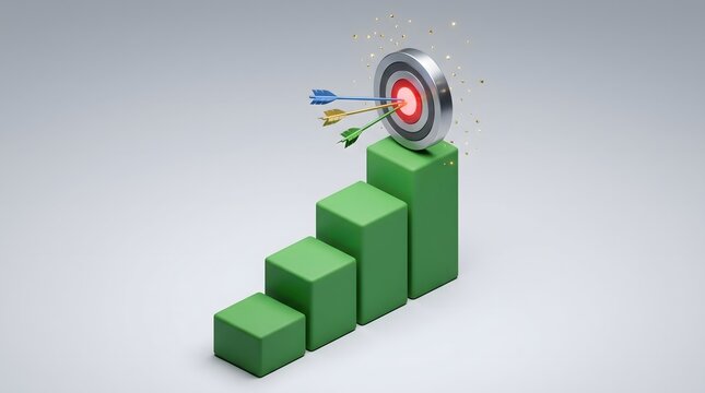 Business growth concept with bullseye target on top of rising green bar chart 3d rendering.