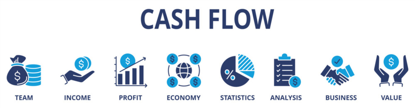 Cash flow web banner icon set flat color multistyle vector illustrations concept with icon team, income, profit, economy, statistics, analysis, business and value