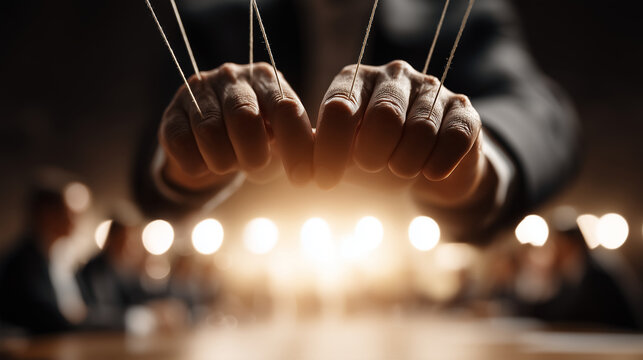 Wide low-angle shot looking up at a suited figure's hands holding puppet strings that descend into a bright Tokyo boardroom below where miniature businessman figures sit around a c