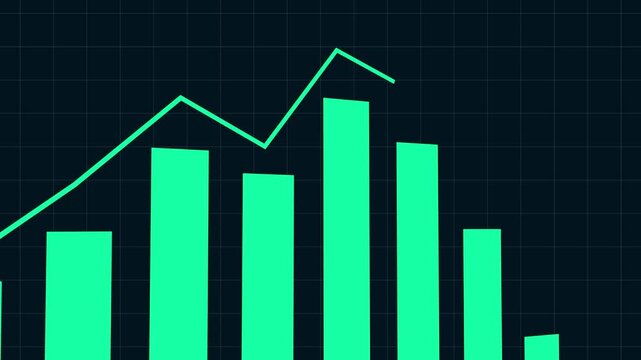 4k Business Growth And Success Arrow Infographics/ Animation of a business infographics with rising arrow and bar stats appearing, symbolizing growth and success, with glitch and noise digital effects