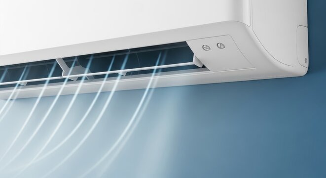 Modern white wallmounted air conditioner blowing cool air on a blue background