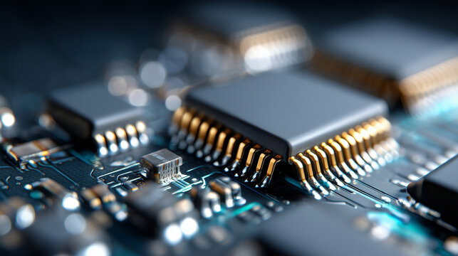 A vivid border of gleaming silicon wafers and gold circuit traces lined up with polished metallic blue microchips. The wafers' mirror-smooth surfaces and luminous semiconductor ton