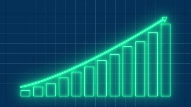 Neon Glowing Graph and Arrow Visualizing Positive Business Trends, Financial Dashboard Animation. Glowing dollar icon, financial graph chart animation. business graph chart.
