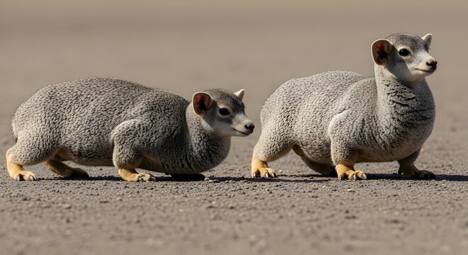 Two rock hyraxes walk across a sunlit desert plain, showcasing textured gray fur, compact bodies and alert expressions in their natural African wildlife habitat
