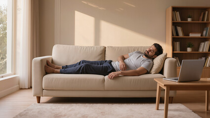 Obraz premium Exhausted man sleeping on sofa in bright living room, fatigue burnout and home rest concept