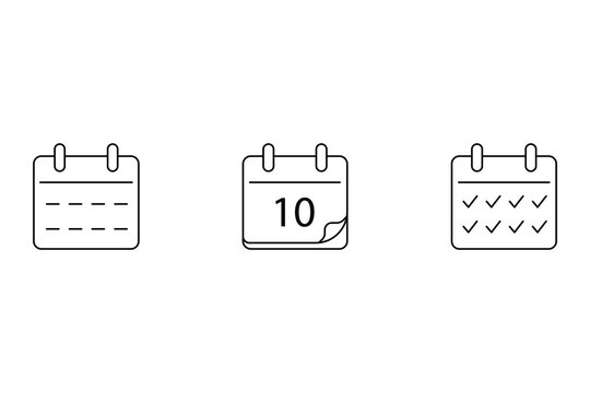Calendar planner icon set featuring date grid and check mark symbols in minimalist black outline style for schedule organization vector illustration.