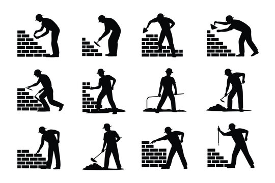 Black silhouette series of construction worker diligently building brick wall with trowel and broom in various dynamic poses against clean white background for instructional