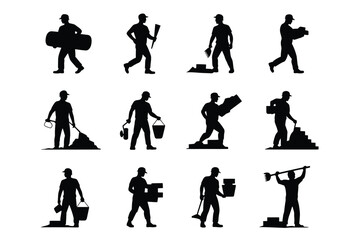 Fototapeta premium Black silhouette collection of diverse professionals carrying luggage and tools in various dynamic poses for corporate presentations and travel themed designs