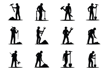 Fototapeta premium Silhouette of workers engaged in manual labor with tools such as shovels pickaxes and hammers depicting various construction activities in a minimalist style