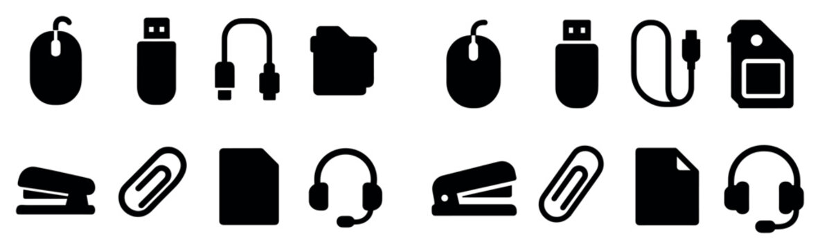 Office icons with mouse usb cable silhouette