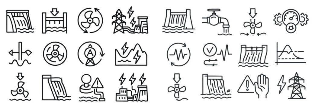 Hydropower icons with dam valve turbine outline