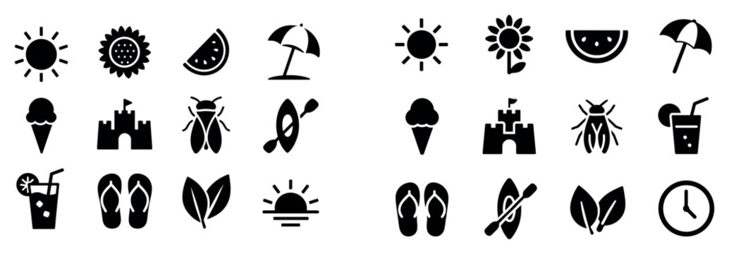 Summer beach icons with sun umbrella ice cream flat