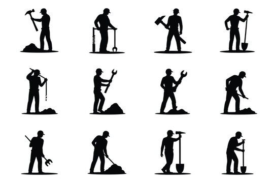 Silhouette of workers engaged in manual labor with tools such as shovels pickaxes and hammers depicting various construction activities in a minimalist style