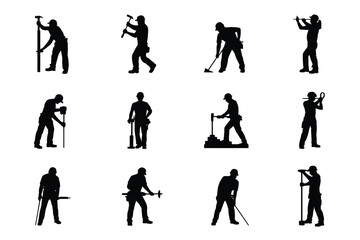 Fototapeta premium Diverse silhouettes of construction workers performing essential tasks with tools in a unified black outline style for modern graphic design projects