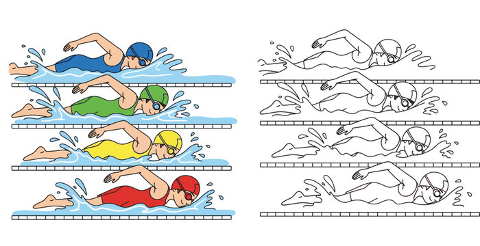 Swimming race illustration featuring colorful athletes freestyle swimming with matching black and white line art design perfect for coloring books and sports graphics.