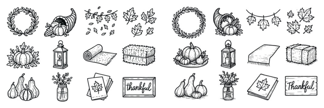 Autumn icons with wreath pumpkin cornucopia sketch