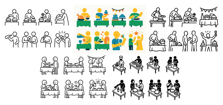 Illustrations of group cooking activities