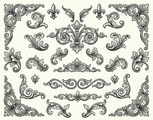 Ornate ornamental vector pattern with floral scroll motifs and corners. Hand drawn vintage engraved, vector illustration. © Otpirus