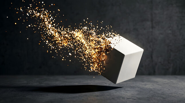 Abstract cube deconstruction with glittering particles and transparent background