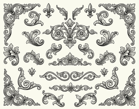 Ornate ornamental vector pattern with floral scroll motifs and corners. Hand drawn vintage engraved, vector illustration.