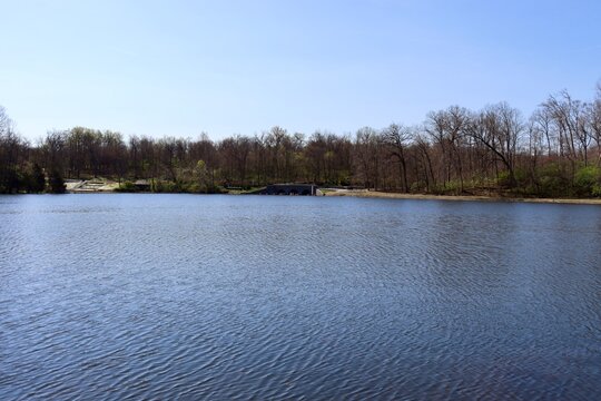 The quiet lake in the park on a sunny day.
