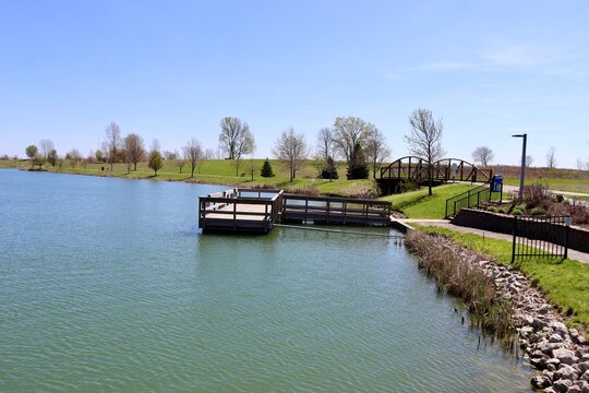 The old wood fishing deck in the park.