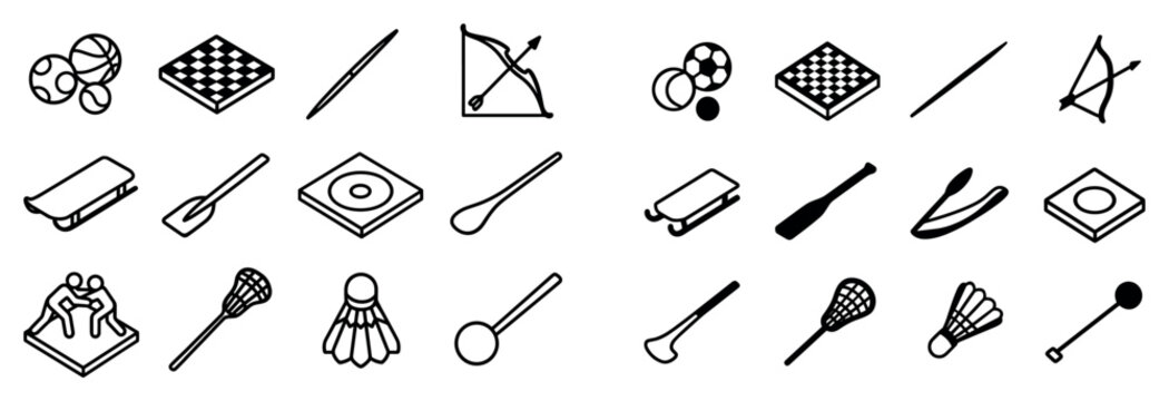 Sports icons with paddle shuttlecock mallet outline