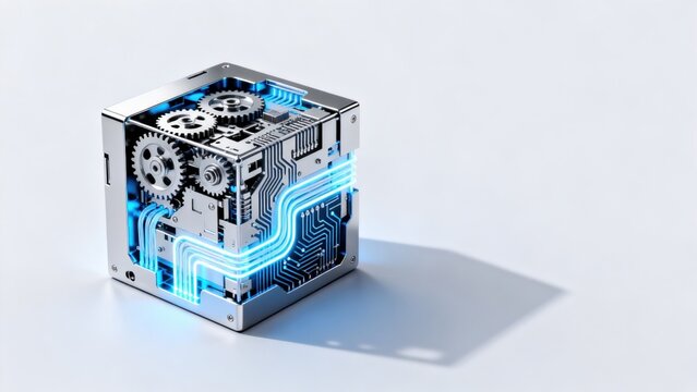 Metallic cube with gears and glowing circuits