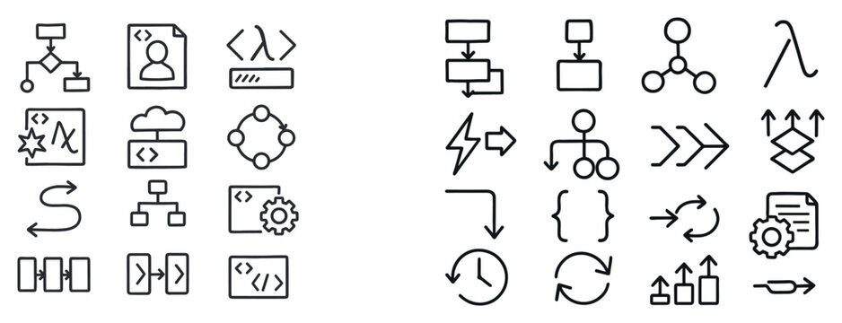 Development icons with flowchart code outline