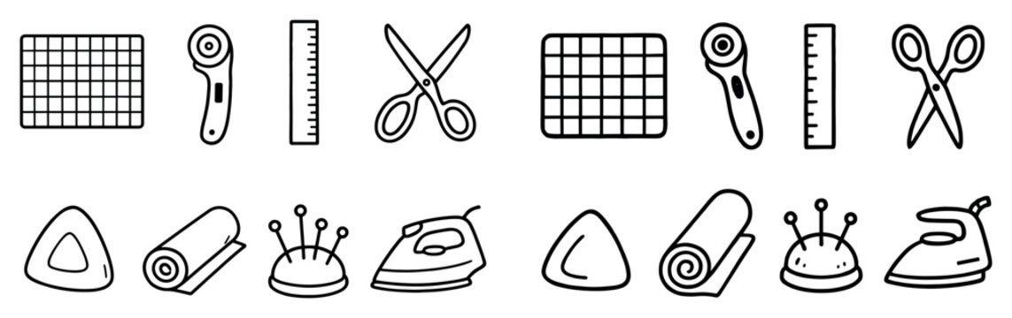 Sewing icons with scissors rotary cutter outline