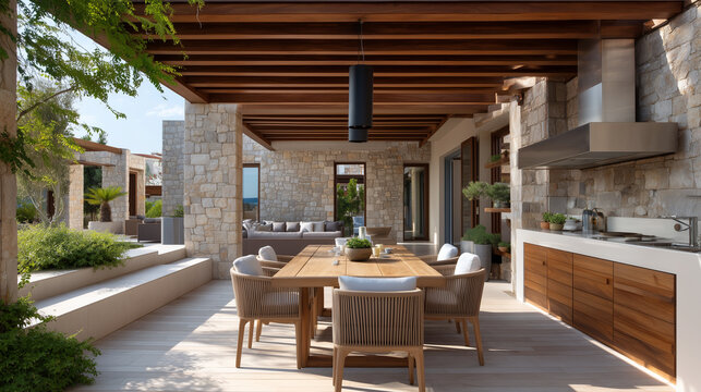 Wide establishing shot - the whole patio with outdoor kitchen, dining area and as a collection of beautiful quiet moments, no single element dominating, biophilic warmth everywhere