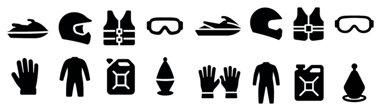 Water sports icons with jet ski helmet vest flat
