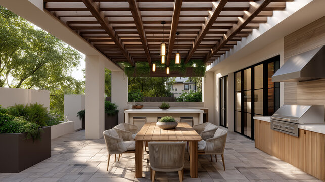 Wide establishing shot - the whole patio with outdoor kitchen, dining area and as a collection of beautiful quiet moments, no single element dominating, biophilic warmth everywhere
