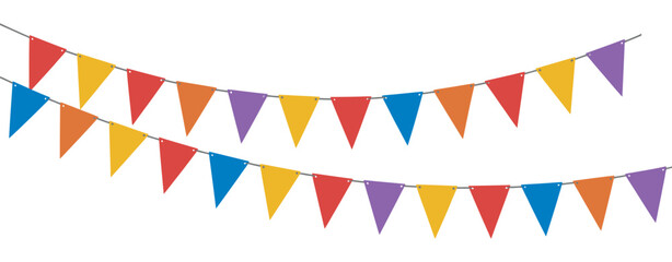Obraz premium Colorful Party Flags, triangular bunting banner on string, festive decoration garland, celebration vector illustration set