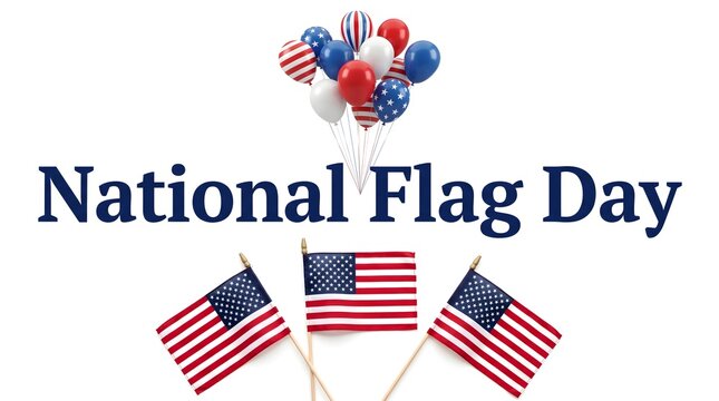 National flag day banner featuring american patriotic balloons and small waving usa flags.